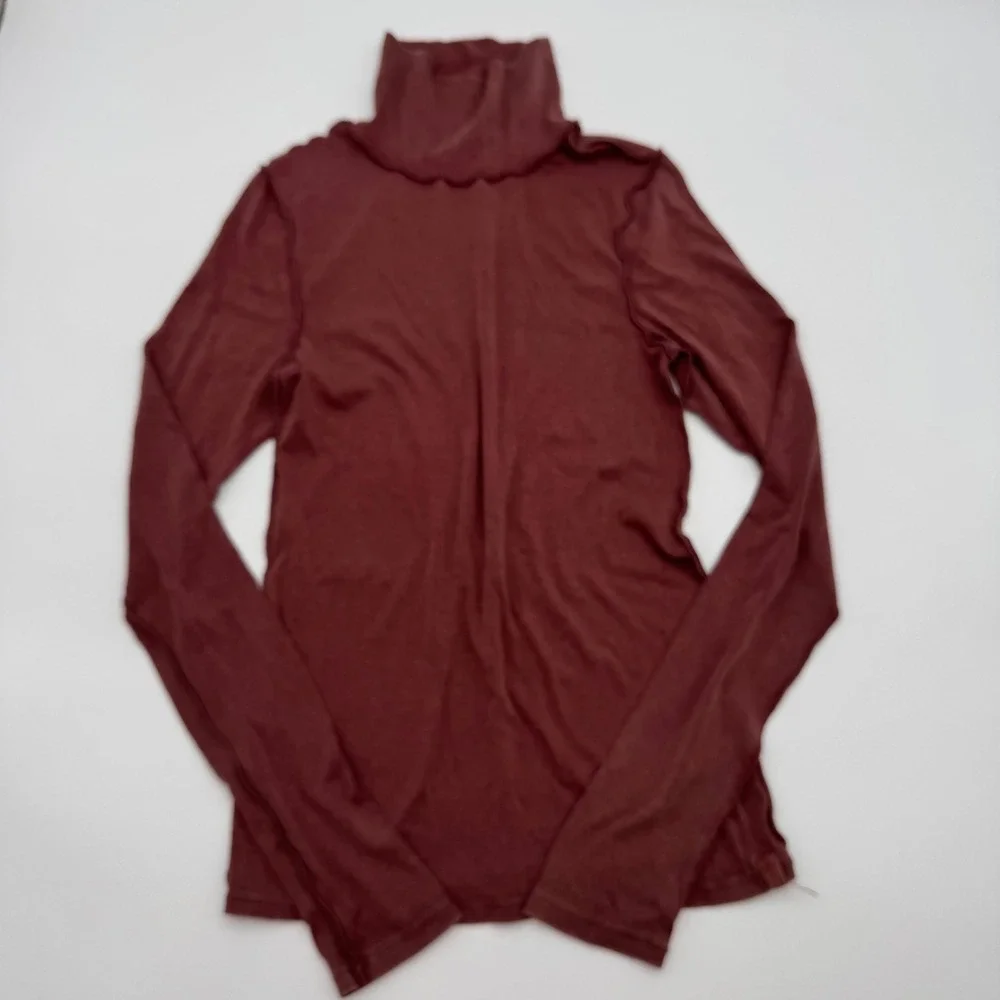 We The Free People Burgundy Ribbed Turtleneck Exposed Seam Long Sleeve Top M